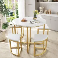 Fortuna Lai eettafelsset met vier stoelen. Eetset met tafelblad van MDF en vergulde ijzeren frame. Fluweelstoelen. Moderne luxe tafels en stoelen, wit
