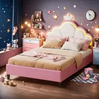 Fortuna Lai RGB LED kinderbed, 90x200 cm, roze fluweel, in hoogte verstelbaar met hoofdeinde en opbergruimte, draagvermogen 160 kg