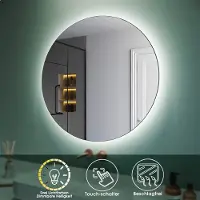 Sonni Ronde badspiegel met anti-condensfunctie, diameter 80 cm. Dubbele touchschakelaar met driekleurige temperatuurindicatie via LED-verlichting. Ronde spiegel