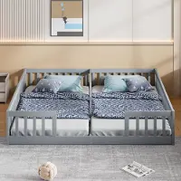Ulife Grijs kinderbed van grenenhout in minimalistische stijl, met beschermingsreling, zonder lattenbodem en matras, 90 x 200 cm