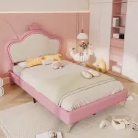 Ulife Elegant kinderbed met zachte randen, metalen poten en een kroon, roze/wit, gemaakt van hoogwaardig Polyurethanleer, eenvoudig te monteren, 90x200 cm