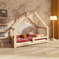 Need Sleep - Montessori Kinderbed Huisbed Peuterbed met Uitvalbescherming - Naturel Hout - 70x140 cm - met schoorsteen - symmetrisch