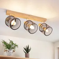 ZMH Deckenlamp met 3 lampen, hout, E14 fitting, keukenlamp, LED, scharnierend, vintage, zwart, spotlampen, geschikt voor woonkamer, slaapkamer, hal. Wordt geleverd zonder lampen