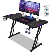 Jayseuw Gaming bureau, hoekbureau, 140x60cm, computerbureau voor gamers, kantoorbureau met headsethouder en bekerhouder. Gaming bureau voor thuis en kantoor, met LED-verlichting