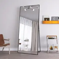 CDGlobal 180x80 cm vloerspiegel, spiegel voor het hele lichaam met voet, grote verticale wandspiegel voor slaapkamer, woonkamer, kleedkamer, hal (zwarte spiegels voor het aantrekken)