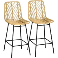 Fortuna Lai set van 2 barkrukken met rugleuning, barstoelen in boho-stijl, gemaakt van PE-rotan, inclusief voetsteun, afmetingen 42,5 cm x 52 cm x 102 cm, geel + zwart