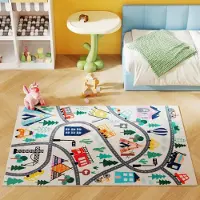 Fortuna vloerkleed met autowegmotief, witte achtergrond, zachte fleece, gemakkelijk te onderhouden, kleurrijk