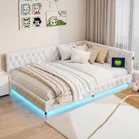 UnboxG gestoffeerd bed 140x200 cm met LED-verlichting en oplaadfunctie (USB & Type-C), tweepersoonsbed, gastenbed, dagbed, jeugdbed, houten bed met functionaliteiten en lattenbodem