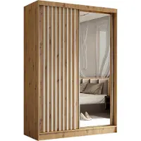 MargaretHadas24 150 cm hoge garderobekast Erika met lamellen en spiegel, inclusief 2 schuifdeuren. Schuifdeurkledingkast met kledingstang. Levering tot in de woning (kleur: Artisan, Artisan, lamellen wit)