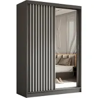 MargaretHadas24 150 cm hoge garderobekast Erika met lamellen en spiegel, inclusief 2 schuifdeuren. Schuifdeurkledingkast met kledingstang. Levering tot in de woning (kleur: grijs, grijs, lamellen wit)