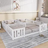 ProximaX Witte kinderbed met dubbele bodem, veiligheidshek en sterrenmotief, set van 2 bedden zonder lattenbodem, stevig bed van beuken voor gezinnen