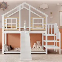 Sweiko etagesbed, houten bed met trap en spijlen, met glijbaan en raam, blokhutbed voor kinderen met valbeveiliging, bedframe van massief hout, wit (90x200 cm)
