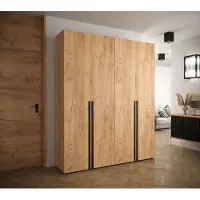 Minio Garderobekast 200 cm, model MANHATTAN 2, eikenhout met gouden afwerking, inclusief zwarte handgrepen