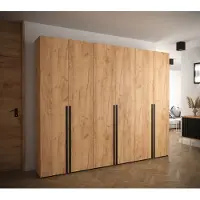 Minio Garderobe 300 cm, model MANHATTAN, eikenhout met gouden afwerking, met zwarte handgrepen