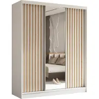 MargaretHadas24 180 cm hoge garderobekast Erika met lamellen en spiegel, inclusief 3 schuifdeuren. Schuifdeurenkast met kledingstang en garderobe. Levering tot in de woning (kleur: wit, wit, lamellen Artisan)