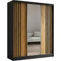 MargaretHadas24 180 cm hoge garderobekast Neli met lamellen en spiegel, inclusief 3 schuifdeuren. Schuifdeurkasten (kleur: zwart, Artisan, lamellen zwart)