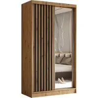 MargaretHadas24 120 cm kledingkast Erika met lamellen en spiegel, inclusief 2 schuifdeuren. Schuifdeurkledingkast met kledingstang en garderobe. Levering tot in de woning (kleur: Artisan, Artisan, lamellen zwart)