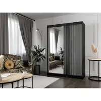 MargaretHadas24 Kledingkast Lili met lamellen, 150 cm breed, inclusief 2 schuifdeuren. Schuifdeurkledingkast met kledingstang. Levering tot in de woning (kleur: zwart, wit, lamellen zwart, spiegel)