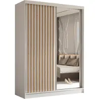 MargaretHadas24 160 cm hoge garderobekast Erika met lamellen en spiegel, inclusief 2 schuifdeuren. Schuifdeurenkast met kledingstang en garderobe. Levering tot in de woning (kleur: wit, wit, lamellen Artisan)