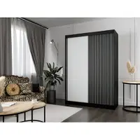 MargaretHadas24 Kledingkast Lili met lamellen, 150 cm breed, inclusief 2 schuifdeuren. Schuifdeurkledingkast met kledingstang. Levering tot in de woning (kleur: zwart, wit, lamellen zwart)