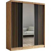 MargaretHadas24 180 cm hoge garderobekast Neli met lamellen en spiegel, inclusief 3 schuifdeuren. Schuifdeurenkast (kleur: Artisan, zwart, lamellen Artisan)