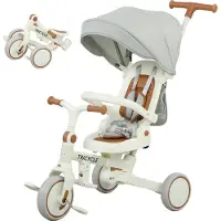 Fortuna Lai driewieler voor kinderen, multifunctionele kinderwagen, 5-in-1 design, afneembare duwstang, verstelbaar, veiligheidsgordel, opbergtas, geschikt voor kinderen van 1-3 jaar, crèmekleurig