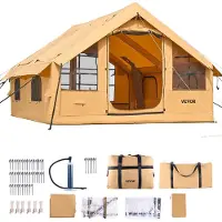 Zerbaco Opblaasbaar tent voor kamperen, tent voor 5-8 personen met handpomp, 4x3x2,2 m glampingtent met 2 dakramen, luifel, aansluiting voor kachel, 2 deuren, netramen en opbergtas
