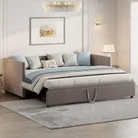 CDGlobal dagbed, 90x200/180x200 cm, slaapbank met uitschuifbaar onderbed, kinderbed/tienerbed met lattenbodem, gastenbed, massief houten bed, grijs