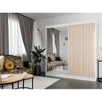MargaretHadas24 Kledingkast Lili met lamellen, 200 cm, inclusief 2 schuifdeuren. Schuifdeurkledingkast. Inclusief kledingstang. Levering tot in de woning (kleur: wit, wit, lamellen in de kleur "wotan", spiegel)