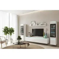 Minio , wandmeubel "VEVE 2", 4-delig, met LED-verlichting, geschikt voor wandmontage en als vrijstaand meubel, voor de woonkamer, kleur: mat wit / glanzend wit