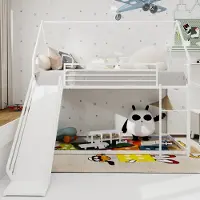 Sweiko Twin-over-Twin stapelbed met glijbaan voor kinderkamers, bedframe in de vorm van een huis met ladder, geen boxspring nodig en eenvoudig te monteren
