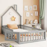 Ulife Sprookjesachtig houten bed met veiligheidsspijlen en lattenbodem. Gemaakt van stevig dennenhout, voorkomt vallen. Grijs, 90x200 cm