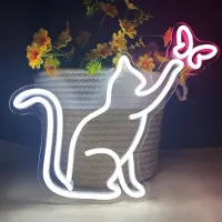 Rosikey LED neonlamp, USB-aangedreven, neonbord nachtlampje, LED neonwanddecoratie, decoratie voor gaming, kamer, feestjes, cadeau voor kinderen (kat en vlinder)