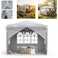 LZQ 3x3 meter partytent, paviljoen, tuintent, feesttent, met UV-bescherming, grijze tuinpaviljoen met 4 afneembare zijwanden, geschikt voor tuinfeesten, bruiloften