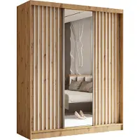 MargaretHadas24 180 cm hoge garderobekast Erika met lamellen en spiegel, inclusief 3 schuifdeuren. Schuifdeurenkast met kledingstang en garderobe. Levering tot in de woning (kleur: Artisan, Artisan, lamellen wit)