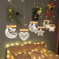Rosikey LED-lichtgordijn, warm wit, kerstversiering met 3D-sterren en maan, lichtketting met afstandsbediening. Timerfunctie/geheugenfunctie/5 modi/USB-stekker. Kerstdecoratie, raamdecoratie