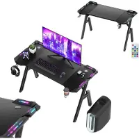 NaiZy Gaming Bureau, 120 x 60 cm, Gaming bureau met een aantrekkelijke, koolstofvezellook. Computerbureau met RGB LED-verlichting, ergonomisch hoekbureau met hoofdtelefoonhouder en bekerhouder