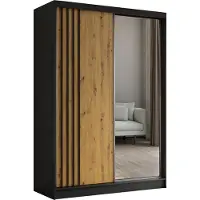 MargaretHadas24 Kledingkast Neli, 150 cm breed, met lamellen en spiegel, inclusief 2 schuifdeuren. Schuifdeurenkast (kleur: zwart, Artisan, lamellen zwart)