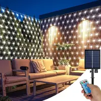 Rosikey Zonne-energie lichtketting, buiten, LED lichtnet, 1,5 x 1,5 meter, waterdicht, lichtgordijn, netverlichting voor feestjes, tuin, struiken, balkon, decoratie, wit