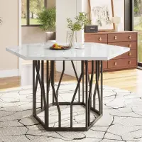 Sweiko Moderne, zeshoekige eettafel van marmer, met een zwart metalen frame in de vorm van takken. Eenvoudige, esthetische salontafel, geschikt voor zowel de eetkamer als de woonkamer