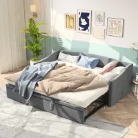 CDGlobal dagbed 90x200 cm, multifunctioneel bed met uitschuifbaar onderbed en lattenbodem, geschikt als slaapbank, gestoffeerd bed en kinderbed, kleur: grijs