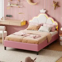 ProximaX Kinderbed, gestoffeerd bed 90x200, LED-bedframe voor meisjes, met verstelbaar hoofdeinde, kroonvormig bedframe van Polyurethanleer met lattenbodem en rugleuning, zonder matras, roze