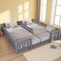 UnboxG kinderbed 90x200 cm met valbeveiliging, massief houten bedbodem in grijs, Montessori kinderbed met lattenbodem – vloerbed voor kinderkamers