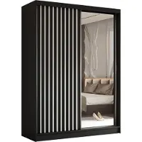 MargaretHadas24 160 cm hoge garderobekast Erika met lamellen en spiegel, inclusief 2 schuifdeuren. Schuifdeurkledingkast met kledingstang. Levering tot in de woning (kleur: zwart, zwart, lamellen wit)