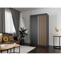 MargaretHadas24 Kledingkast Lili met lamellen, 120 cm, inclusief 2 schuifdeuren. Schuifdeurkledingkast. Inclusief kledingstang. Levering tot in de woning. Kleur: zwart, zwart, lamellen in de kleur "Wotan"