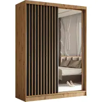 MargaretHadas24 160 cm hoge garderobekast Erika met lamellen en spiegel, inclusief 2 schuifdeuren. Schuifdeurkledingkast met kledingstang. Levering tot in de woning (kleur: Artisan, zwart, lamellen Artisan)