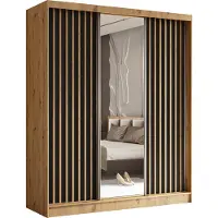 MargaretHadas24 180 cm hoge garderobekast Erika met lamellen en spiegel, inclusief 3 schuifdeuren. Schuifdeurenkast met kledingstang en garderobe. Levering tot in de woning (kleur: Artisan, zwart, lamellen Artisan)