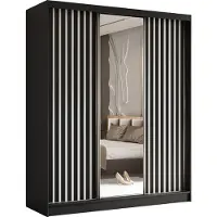MargaretHadas24 180 cm hoge garderobekast Erika met lamellen en spiegel, inclusief 3 schuifdeuren. Schuifdeurenkast met kledingstang en garderobe. Levering tot in de woning (kleur: zwart, zwart, lamellen wit)