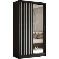 MargaretHadas24 120 cm brede garderobekast Erika met lamellen en spiegel, inclusief 2 schuifdeuren. Schuifdeurenkast met kledingstang. Levering tot in de woning (kleur: zwart, zwart, lamellen wit)