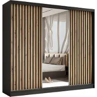 MargaretHadas24 240 cm garderobekast Erika met lamellen en spiegel, inclusief 3 schuifdeuren. Schuifdeurenkast met kledingstang. Levering tot in de woning (kleur: zwart, Artisan, lamellen zwart)
